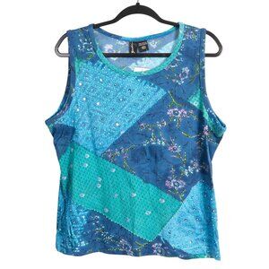 Zashi Tank Top XL Women Boho Blue Green Floral Beaded Sequin India Earthy Summer